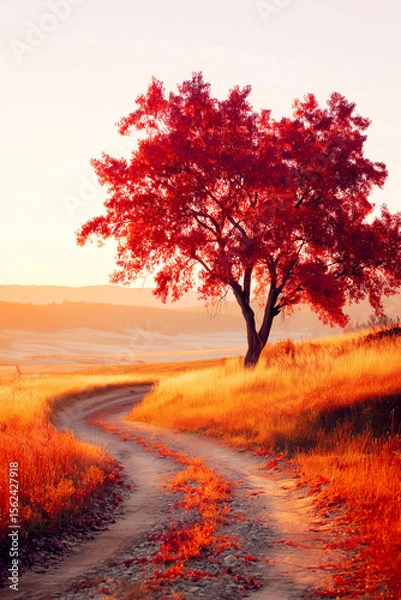 Obraz A tree with red autumn leaves in a golden field