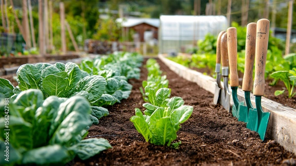 Obraz A vegetable garden with rows of leafy greens and gardening tools