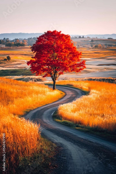 Obraz A tree with red autumn leaves in a golden field