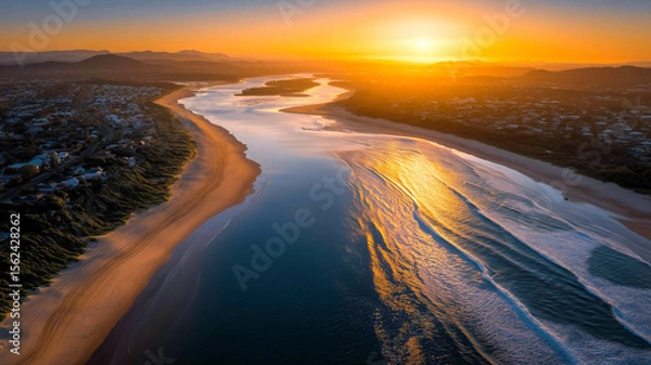 Obraz Aerial view of shoreline with glassy ocean surface glowing under dramatic golden sunset