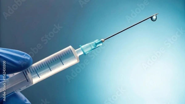 Fototapeta This striking image captures a syringe with a perfectly formed droplet on its needle, held by a medical professional in a blue glove. It effectively symbolizes breakthrough