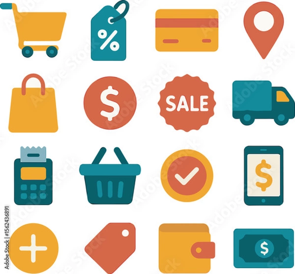 Fototapeta Online Shopping Icons Representing E-commerce and Retail Transactions