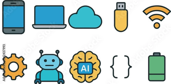 Fototapeta Collection of Digital Technology and Artificial Intelligence Icons Illustrating Innovation and Connectivity