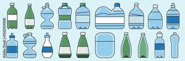 Obraz Water bottle icon sheet with colorful designs – Suitable for packaging templates, wellness graphics, or drink-themed visuals