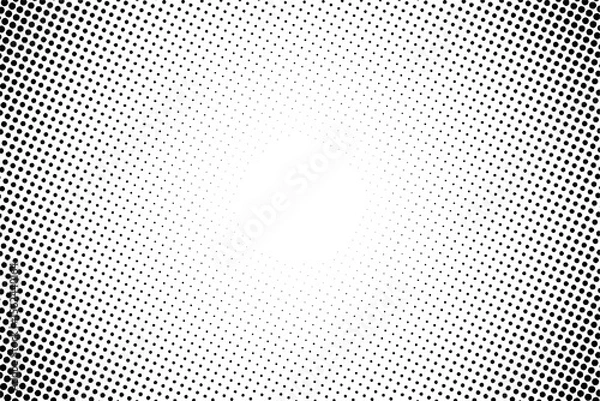 Fototapeta Halftone radial dot pattern fading to white center, creating dynamic contrast. ideal for abstract, modern, or vintage-themed design projects.