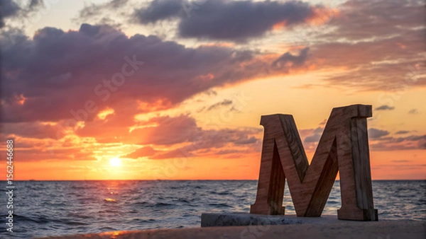 Fototapeta Letter m sculpture on a pier with a sunset over the ocean and cloudy sky in the background view - ai generated