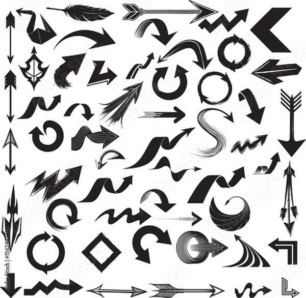 Fototapeta Set of Hand Drawn Vector Collection of Abstract Black and White Arrows Including Doodle Icons Simple Silhouettes and Graphic Elements for Web Design and Illustration Projects
