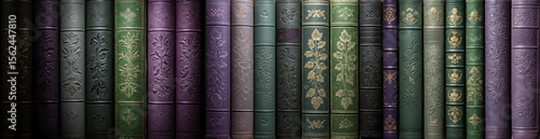 Fototapeta Books in embossed, worn bindings in green and purple colours are tightly packed on the shelves in the library. Study, classroom, university, office, library. Education Template, banner, post, networks