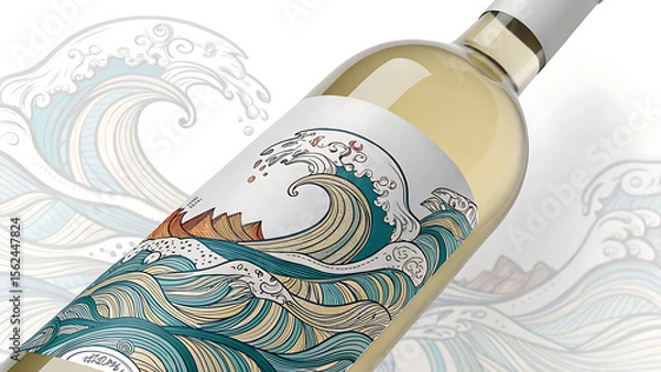 Fototapeta Close up of a white wine bottle with a wave design label and background wave illustration - ai generated