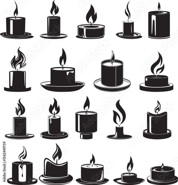 Fototapeta Minimalist Collection of Black and White Candle Icon Silhouettes in Simple Flat Design Style for Religious Spa Celebration and Home Decor Vector Illustration Use