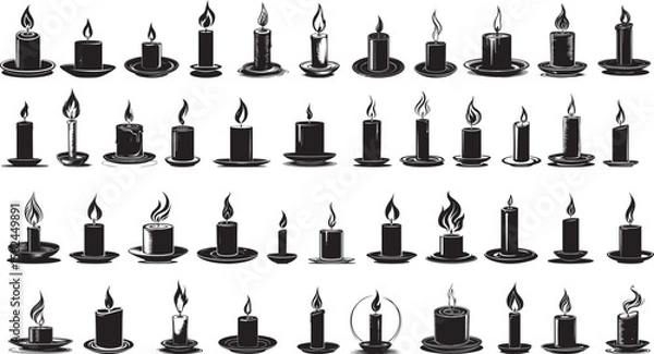 Fototapeta Vector Illustration of Burning Wax Candle Icons with Glowing Flames in Black and White Silhouette Style 