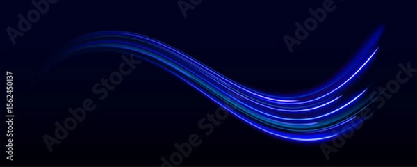 Fototapeta Vector speed of light in space on dark background. Abstract background in blue, yellow and orange neon colors. Expressway in long delay, with car lights at night on autobahn. 
