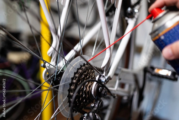 Obraz Close up view of chain and gear shifter lubrication in bicycle service workshop.
