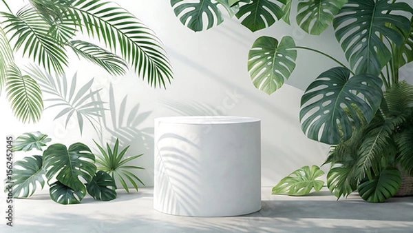 Fototapeta White cylinder platform surrounded by tropical plants against a white wall backdrop with leaf shadows - ai generated