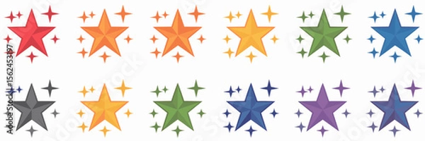 Fototapeta Rainbow-colored star icons with sparkle effect arranged in circle