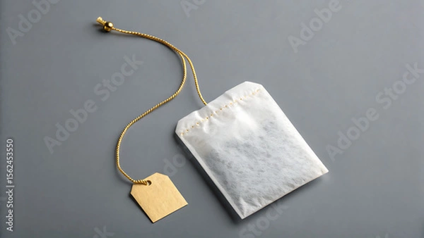 Fototapeta A single tea bag with a gold string and tag resting on a solid gray colored surface top down view - ai generated