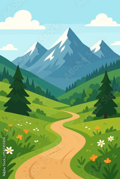 Fototapeta Mountain landscape vector illustration with a winding path leading to snowy peaks. Scenic summer view of green hills, forest, and a hiking trail. Nature adventure background concept.