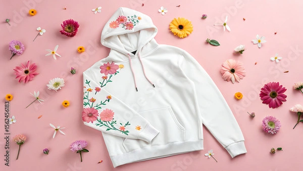 Fototapeta White hoodie with floral design surrounded by various flowers on a pink background in a flat lay style - ai generated