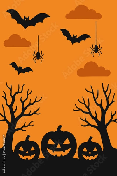 Obraz Halloween background vector with spooky pumpkins, bats, spiders, bare trees, orange clouds. Scary October night banner, poster, party invitation, creepy holiday design, festive autumn illustration