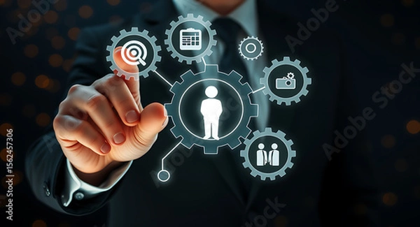 Fototapeta Businessman interacting with digital workflow and human resources suit hand