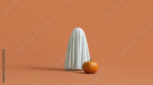 Obraz Ghost costume with pumpkin on orange background
