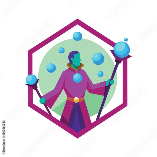 Obraz Spell slinger with wand and floating orbs in magic Vector illustration
