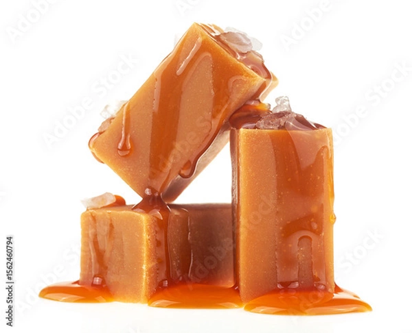 Obraz Delicious sweet caramel pieces isolated on a white background. Soft caramel with sea salt.