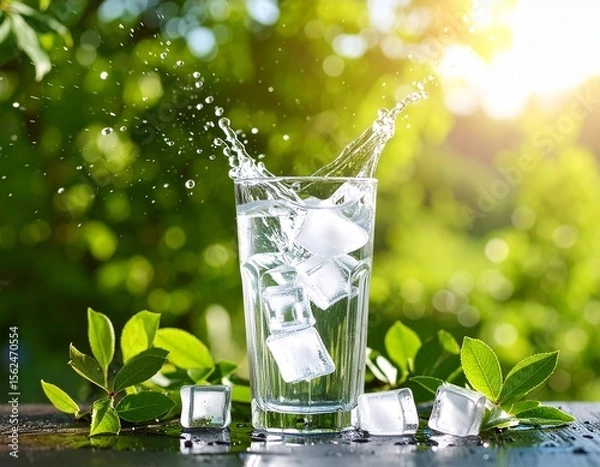 Obraz Ein Glas Wasser mit Spritzer durch Eiswürfel