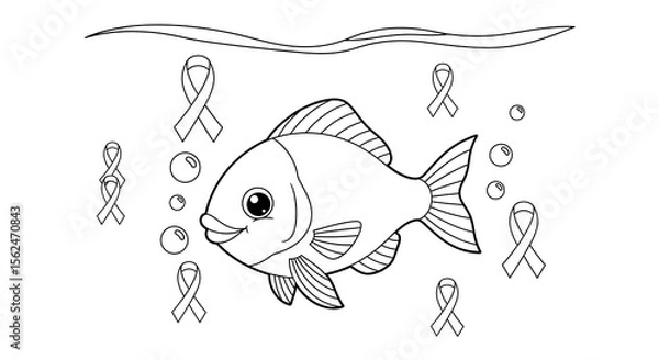 Fototapeta Cute cartoon fish swimming with awareness ribbons and bubbles isolated on transparent background