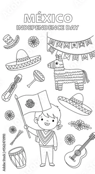 Fototapeta Cute mexican independence day coloring page with boy holding flag and festive elements isolated on transparent background