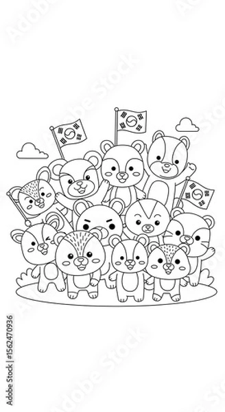 Fototapeta Cute cartoon bears holding korean flags and waving happily isolated on transparent background