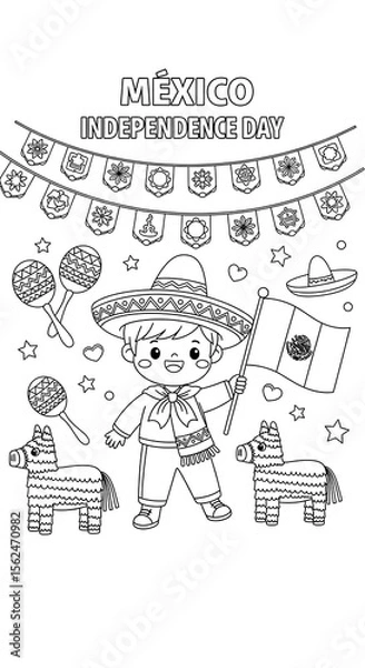 Fototapeta Cute boy celebrating mexico independence day with flag and pinatas isolated on transparent background