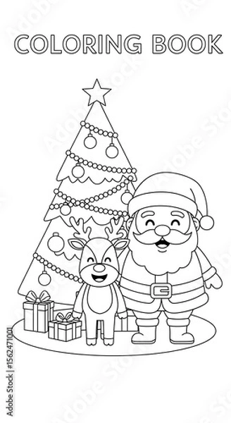 Fototapeta Cute santa claus and reindeer with christmas tree and gifts coloring book page isolated on transparent background