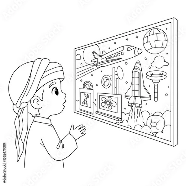Fototapeta Young boy dressed in traditional clothing looking at a display of space and flight isolated on transparent background
