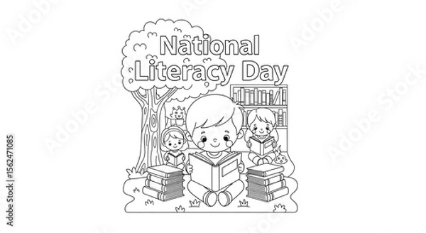 Fototapeta Children reading books under a tree celebrating national literacy day isolated on transparent background