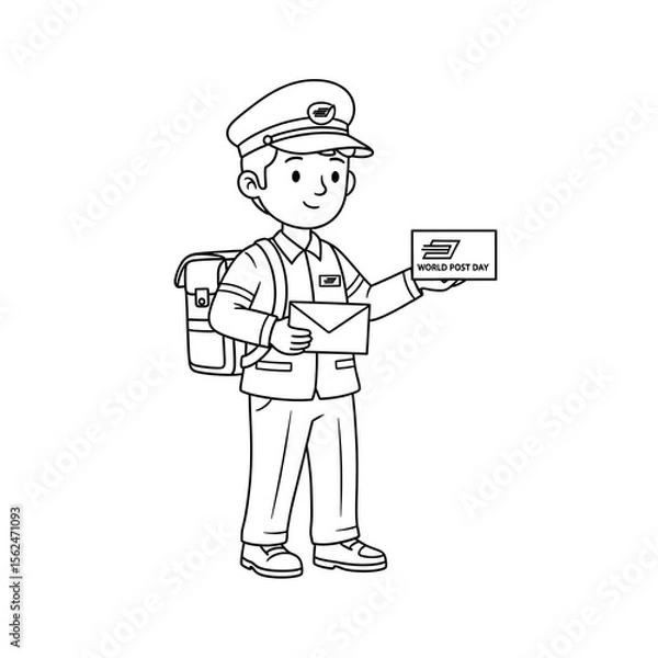 Fototapeta Cartoon postman holding an envelope and a world post day card isolated on transparent background