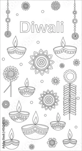 Fototapeta Diwali celebration with diya lamps and fireworks isolated on transparent background