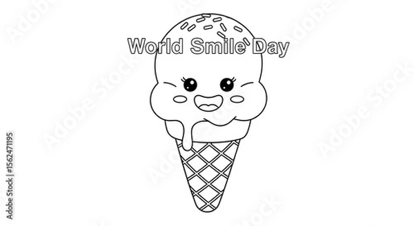 Fototapeta Cute smiling ice cream cone with sprinkles and text world smile day isolated on transparent background