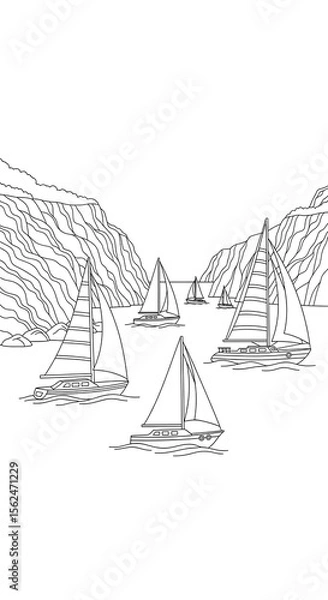 Fototapeta Line art drawing of sailboats sailing on the water near rocky cliffs isolated on transparent background