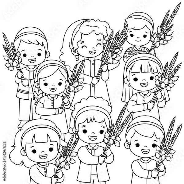 Fototapeta Happy children holding wheat stalks and fruits isolated on transparent background