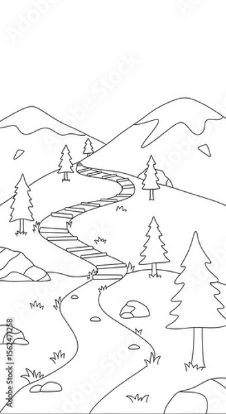 Fototapeta Winding stone path through rolling hills and pine trees isolated on transparent background