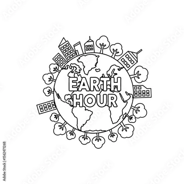 Fototapeta Earth hour concept with planet earth surrounded by trees and buildings isolated on transparent background
