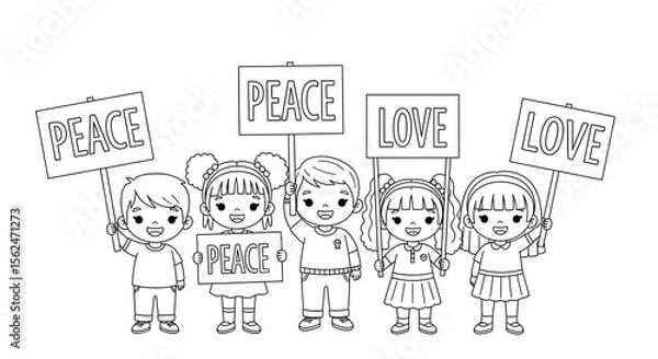 Fototapeta Diverse children holding signs with peace and love messages isolated on transparent background