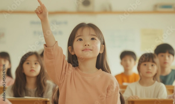 Fototapeta Young student raising a hand in a bright and organized classroom, engaged in learning and participation