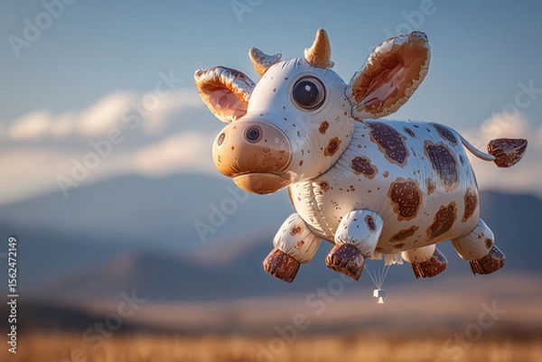 Fototapeta Whimsical Cow in Flight: A charming, cartoon-like cow floats effortlessly against a blurred landscape of open fields and distant mountains under a bright, clear sky.