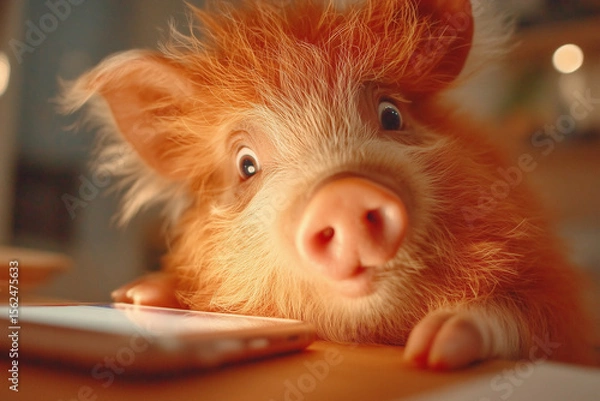 Fototapeta Piglet and Phone: A fluffy, pink piglet looks curiously at a mobile phone, its snout almost touching the screen in this adorable image.
