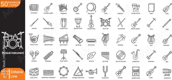 Fototapeta 50 Vector Icons of Musical Instruments – Clean Line Icons of Classical, String, Percussion, Wind, and Ethnic Instruments for Music Education, UI, Infographics, and Stock Vector Use