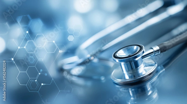 Fototapeta Clinical Medicine wallpaper showing a stethoscope placed on a reflective surface with a blue bokeh background. A hexagonal geometric pattern is superimposed over the background. Copy space, 16:9.