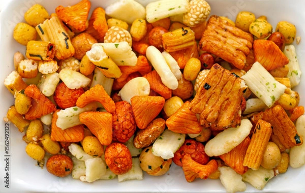 Obraz Pile of colorful rice crackers snacks in ceramic plate