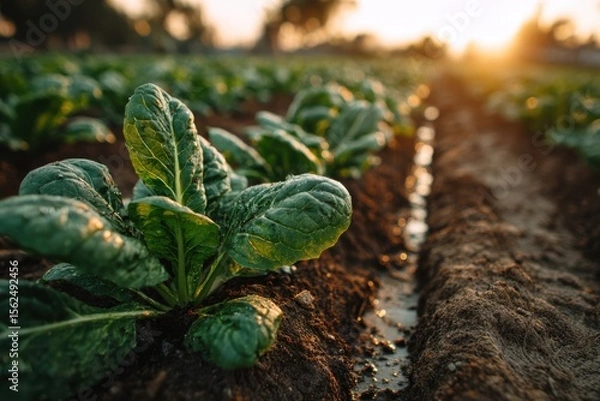 Fototapeta Realistic portrayal of spinach plants thriving in geometric rows under warm sunrays at dusk